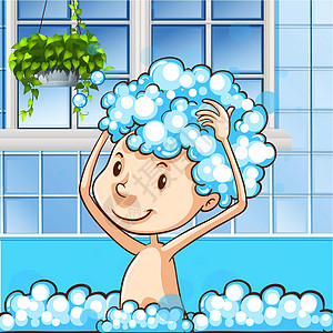 沙波青年绘画泡沫浴室卡通片打扫洗发水肥皂微笑洗澡图片