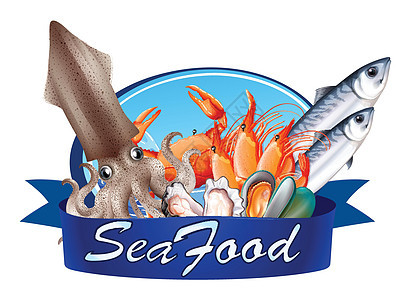 海鲜标签与什锦海鲜章鱼信号字体绘画生蚝展示海报艺术白色英语图片