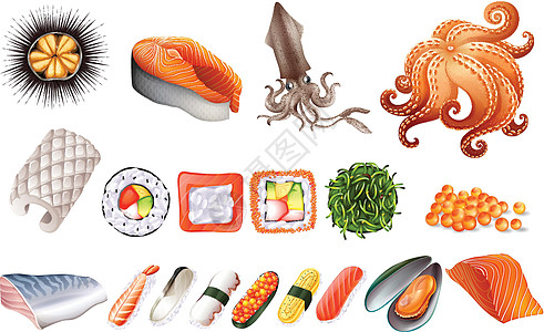 寿司和海鲜 se艺术剪贴白色草图食物小吃用餐绘画团体美食图片
