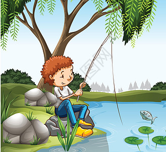 小男孩在 pon 钓鱼闲暇卡通片绘画爱好艺术风景池塘海洋运动场景图片