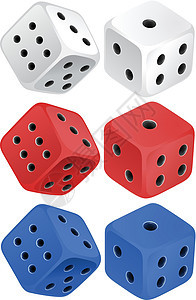 骰子放在惠特白色剪贴配件蓝色红色数字塑料绘画夹子艺术图片