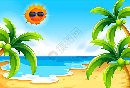 苏下海滩椰子水果阳光风景波长潮汐绘画水形太阳树木图片