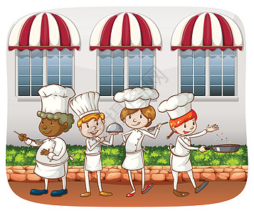 主厨厨师食物卡通片场景工作男性女性白色咖啡店职业专家设计图片