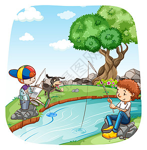 渔业孩子乐趣运动场景卡通片公园风景钓鱼溪流男孩们图片