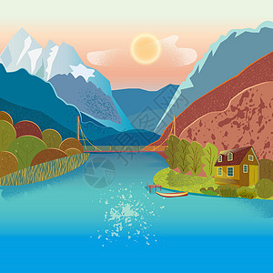 山地景观与山脉到地平线山湖和山中湖边的房子 山中的日落或日出 矢量纹理图背景图片