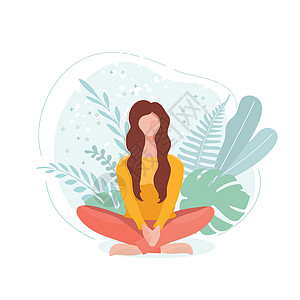 那个女孩坐在飞路瑜伽女士插图冥想休息沉思女性活力平面身体图片