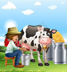 核桃牛奶农民在白天给奶牛挤奶插画