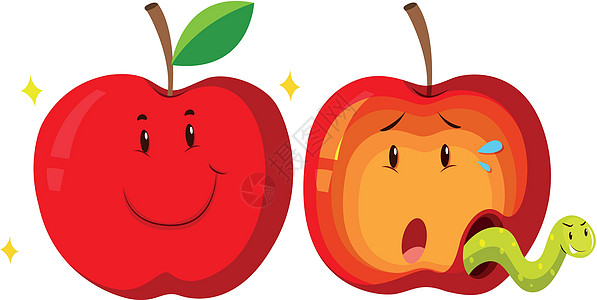 新鲜的苹果和腐烂的苹果插图卡通片手势小路绘画动物漏洞昆虫微笑情感图片