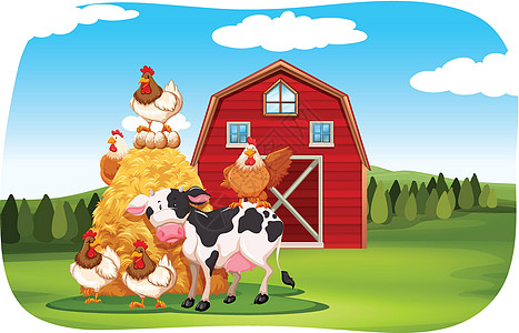 田野里的农场动物草地风景谷仓农业乡村插图母鸡场地农家艺术图片