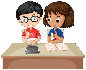 男孩和女孩一起工作家庭作业童年插图朋友们卡通片夹子学习微笑青年教育设计图片