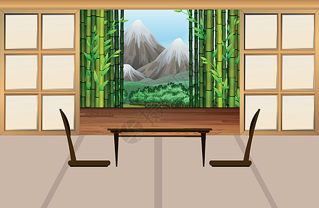 日式风格的客厅地面房子森林窗户夹子椅子卡通片花园桌子艺术图片