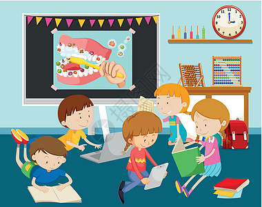 孩子们在教室里用电脑工作童年房间学生阅读艺术图书青年教育卡通片活动图片
