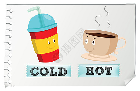 冷咖啡相反的形容词与冷和 ho白色绘画教育咖啡意义稻草卡片小路苏打剪裁设计图片