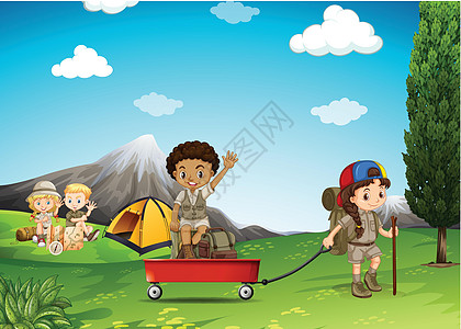 孩子们在野外露营和玩耍图片