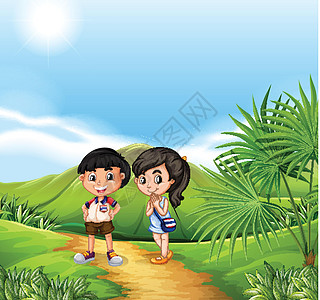 来自泰国的男孩和女孩乡村绘画丘陵瞳孔公园艺术男生微笑泥路学生图片