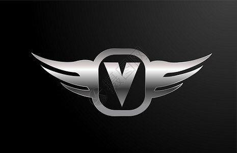 企业和公司的 V 字母标志字母表 带有翅膀和银色 带有金属设计图标的企业字母和编织图片