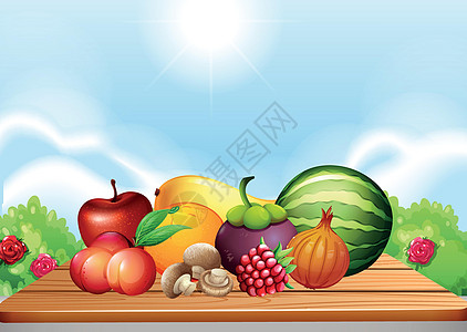 餐桌上的新鲜水果和蔬菜图片