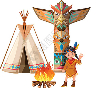 篝火旁的印第安女孩和帐篷图片
