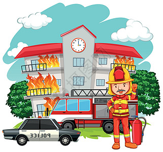 消防员在大楼的火灾现场背景图片
