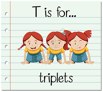 抽认卡字母 T 代表三胞胎记事本字体幼儿园纸板孩子们姐妹卡片女孩们写作拼写图片