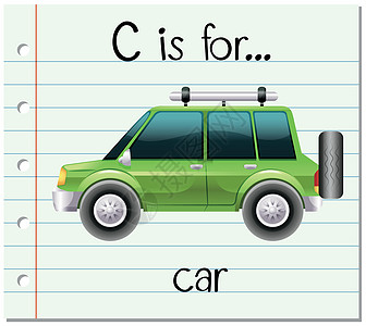 抽认卡字母 C 代表 ca夹子插图写作轮子纸板旅行闪光运输拼写幼儿园图片