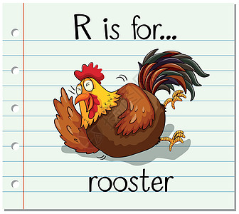 抽认卡字母 R 代表公鸡字体母鸡卡通片农场刻字插图闪光纸板阅读动物图片