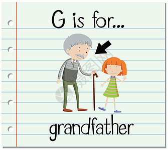 抽认卡字母 G 是给祖父的女孩拼写夹子亲戚们教育家庭长老教育性插图阅读图片