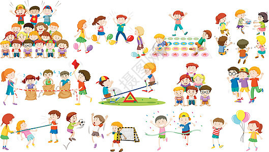孩子们玩不同种类的游戏青年派对插图队友跳跃朋友们夹子童年活动女孩图片
