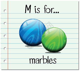 抽认卡字母 M 代表大理石装饰品绿色教育绘画蓝色幼儿园闪光写作字体阅读图片