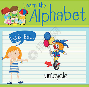 抽认卡字母 U 代表独轮车学习学校卡片插图演讲车轮教育绿色孩子夹子图片