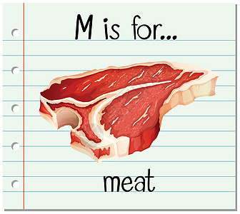 抽认卡字母 M 代表我夹子字体插图食物卡片绘画教育幼儿园红肉猪肉图片