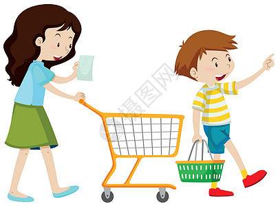 母亲和儿子购物孩子绘画清单小路剪裁妈妈购物者童年篮子夹子图片