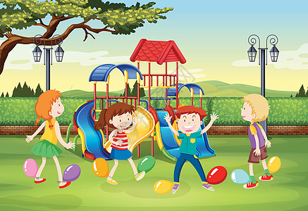 孩子们在标准杆上玩气球弹出朋友们男生夹子活动青年操场瞳孔绘画插图童年图片