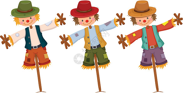 木棍上的三个稻草人插图微笑玩具农业干草艺术剪裁帽子木偶娃娃图片