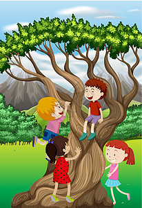 孩子们在公园里爬树风景花园童年夹子卡通片瞳孔女孩场地绘画插图图片