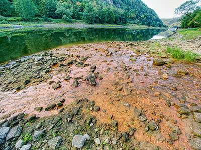 水位低 河水空流入 臭味可闻死水灾难危险生活岩石溪流河床爬坡池塘草坪图片