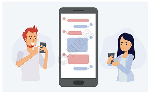 男人和女人在电话里用 APP 聊天 平面矢量卡通人物插画背景图片