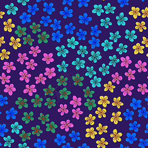 无缝图案与盛开的日本樱花 用于织物 包装 壁纸 纺织品装饰 设计 邀请函 印刷 礼品包装 制造 紫罗兰色背景上的彩色花朵图片