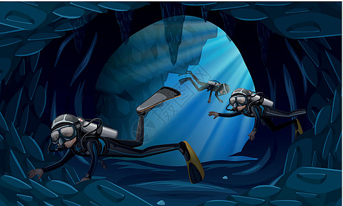三名潜水员在水下洞穴中图片