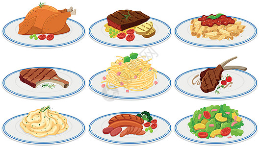 盘子里不同种类的食物插图羊排服务团体晚餐艺术夹子牛扒收藏绘画图片