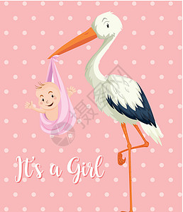 孕婴素材背景粉红色背景中带着女婴的鹳宝宝插画