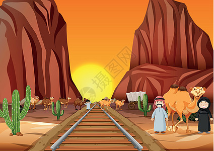 日落时骆驼和阿拉伯人穿过铁路图片