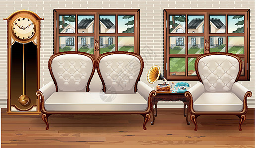 带白色沙发和复古 cloc 的房间邻居电话房子古董夹子客厅家具绘画扶手椅插图图片