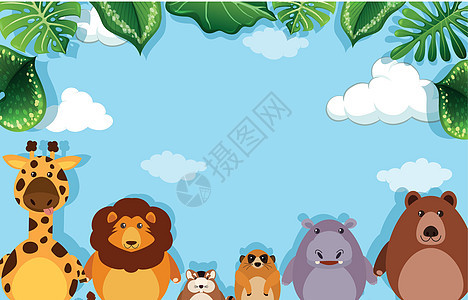 与野生动物的背景模板狮子热带插图动物天空绘画树叶艺术河马夹子图片