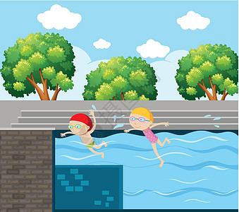 两个孩子在游泳池游泳图片