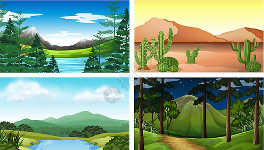 与树和山的四个自然场面背景图片