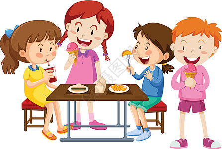 一群孩子一起吃饭插图食物女孩桌子学校男生孩子们艺术午餐奶油图片