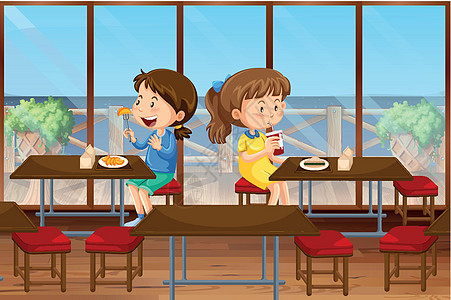 两个女孩在食堂吃饭图片