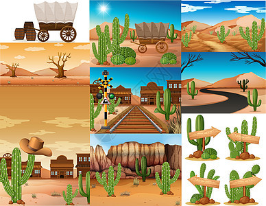 仙人掌和建筑的沙漠场景图片
