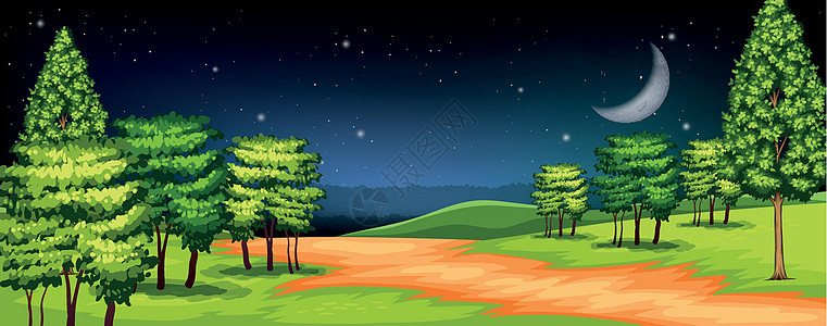 漆黑的夜晚的森林艺术月光星星天空场景插图植物绘画夹子图片